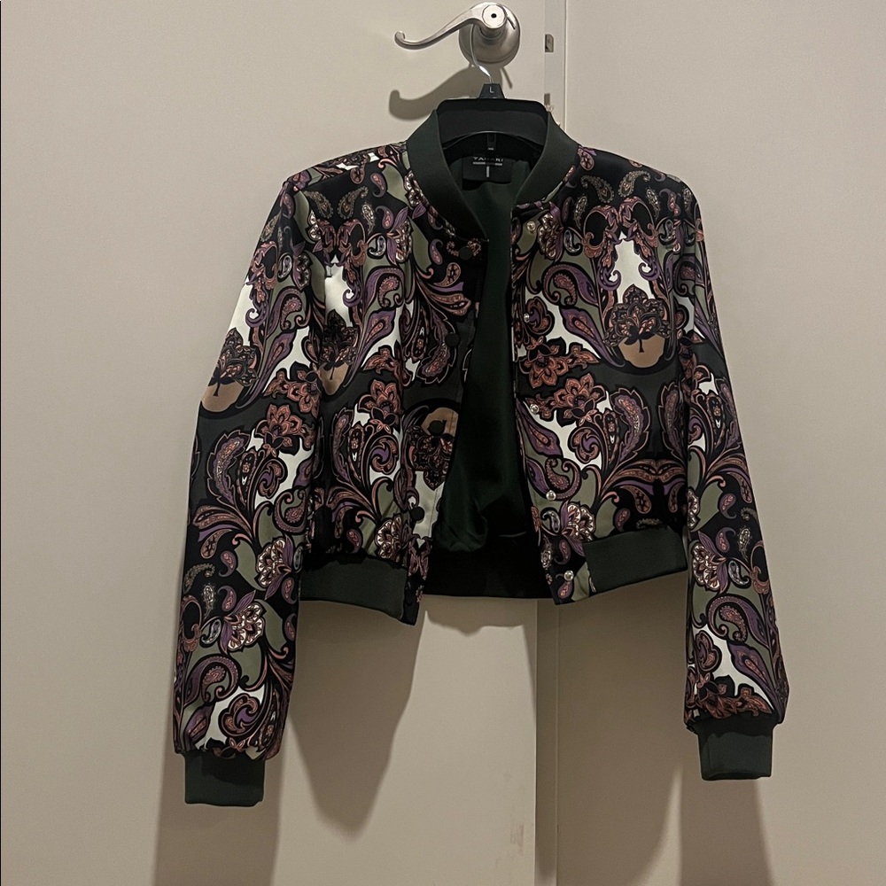 Tahari Black Floral Paisley Bomber Jacket with Purple and Olive Accents